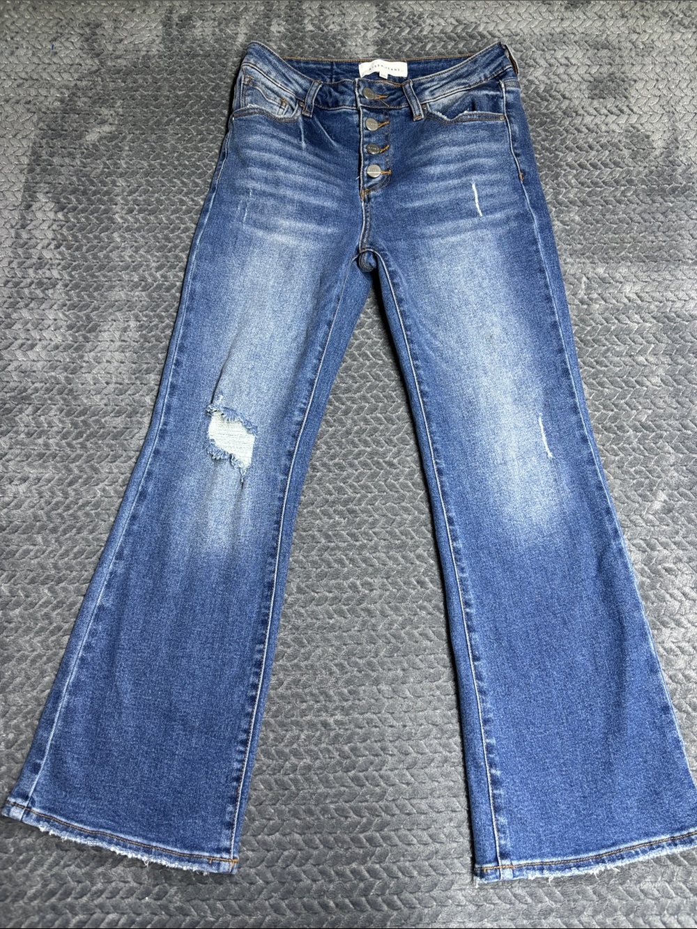 Risen Jeans Mid-Rise Blue Distressed Flare Jeans